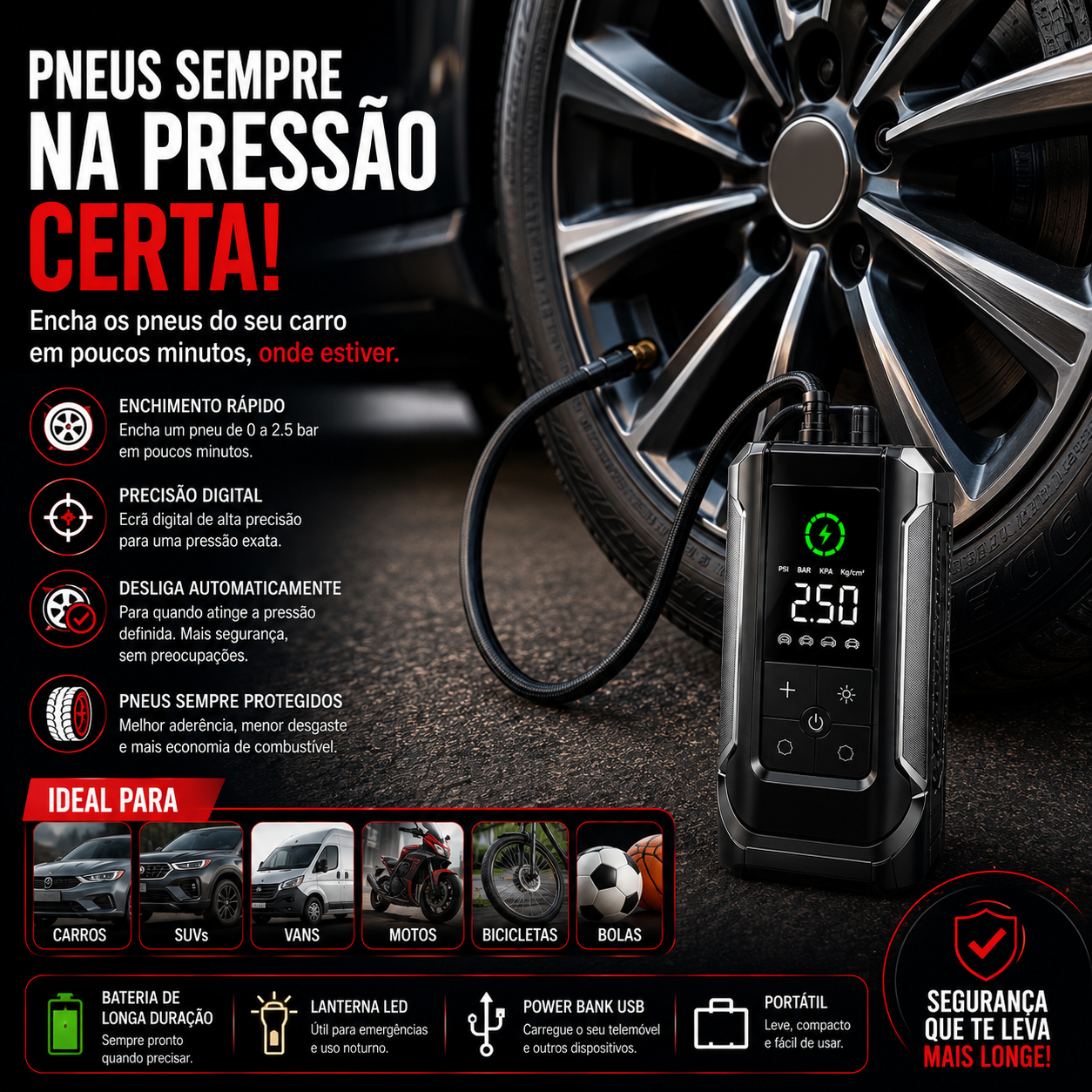 Compressor de Ar Portátil 6 em 1 com Arranque de Bateria 12V