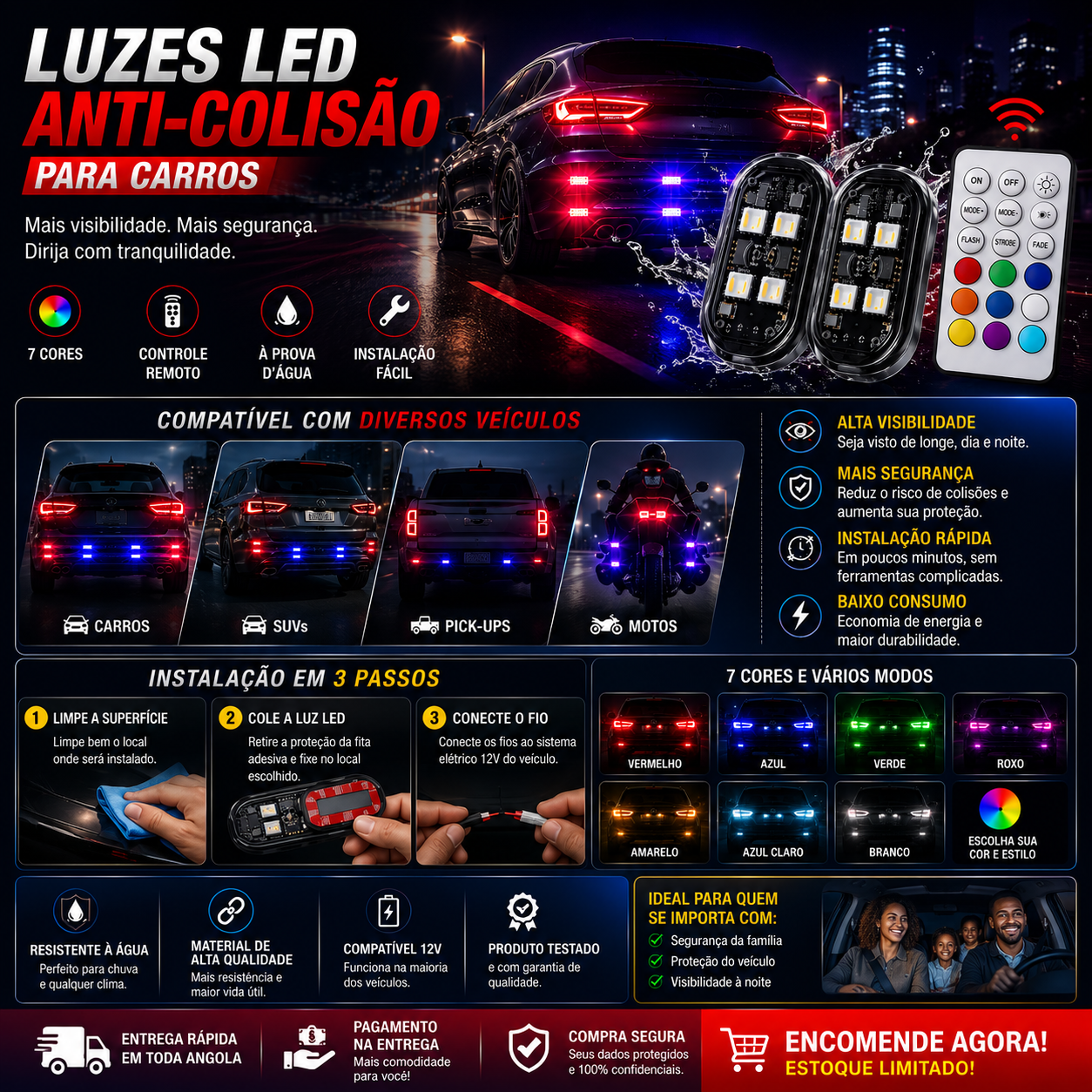 Kit Luz LED Anti-Colisão para Carros – 7 Cores