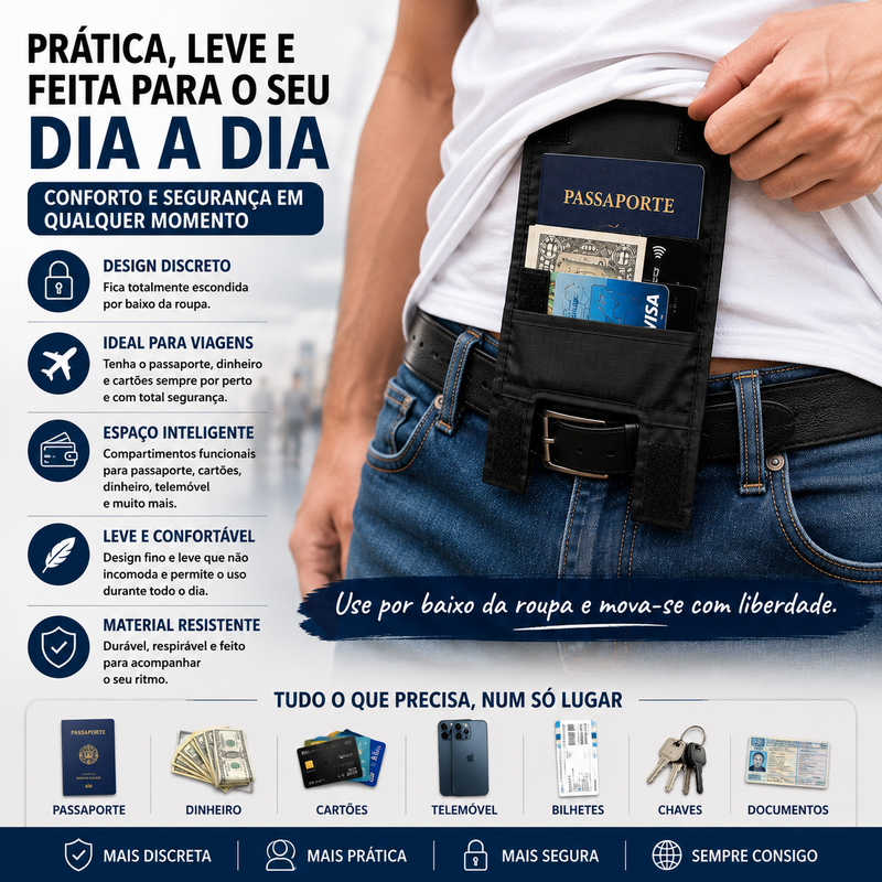 Carteira Oculta para Cinto – Porta-Passaporte.