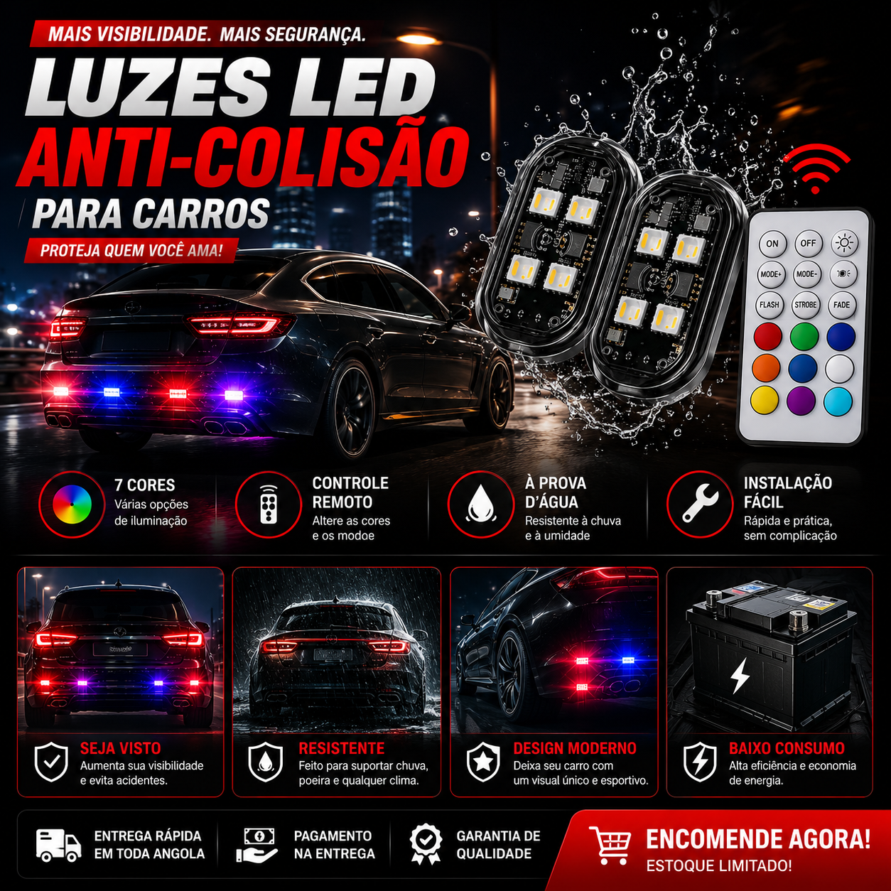 Kit Luz LED Anti-Colisão para Carros – 7 Cores