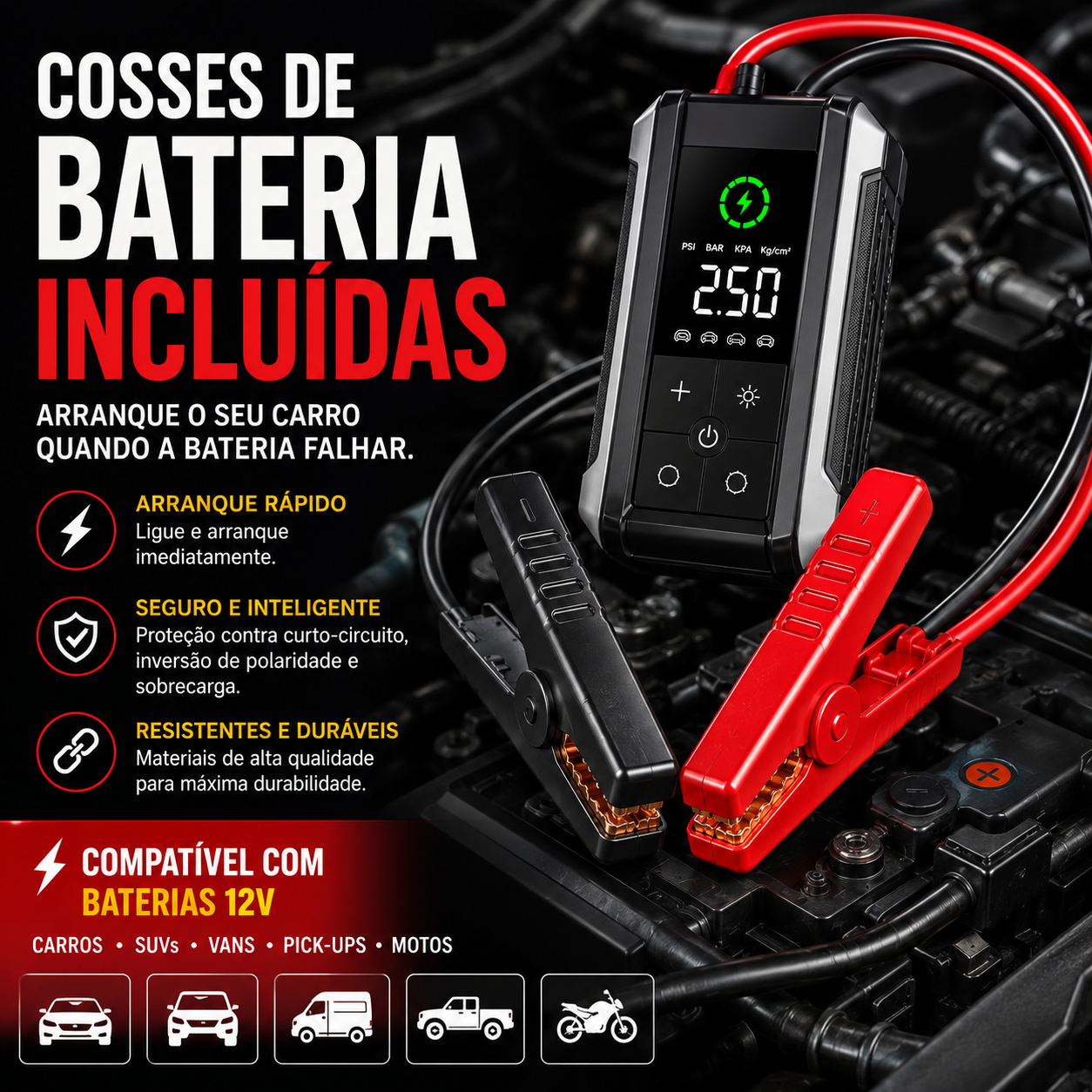 Compressor de Ar Portátil 6 em 1 com Arranque de Bateria 12V