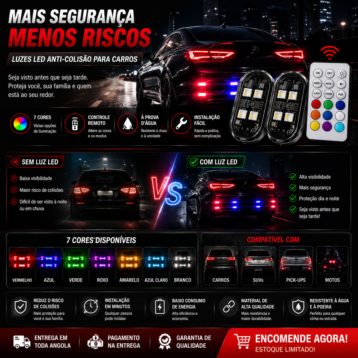 Kit Luz LED Anti-Colisão para Carros – 7 Cores